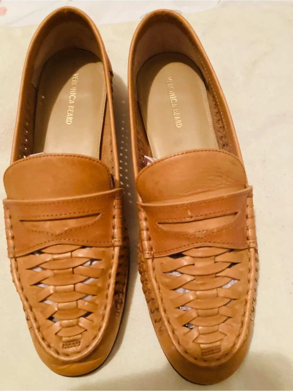Veronica Beard Cognac Woven Leather Slip-On Loafers